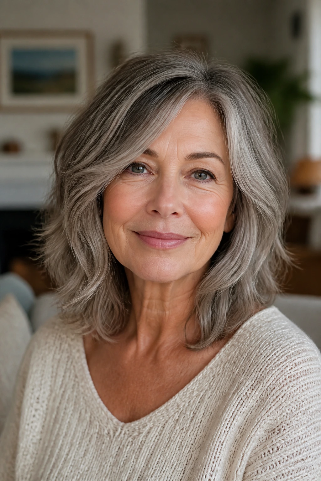 Close-up of a woman with a soft layered lob at collarbone in natural light