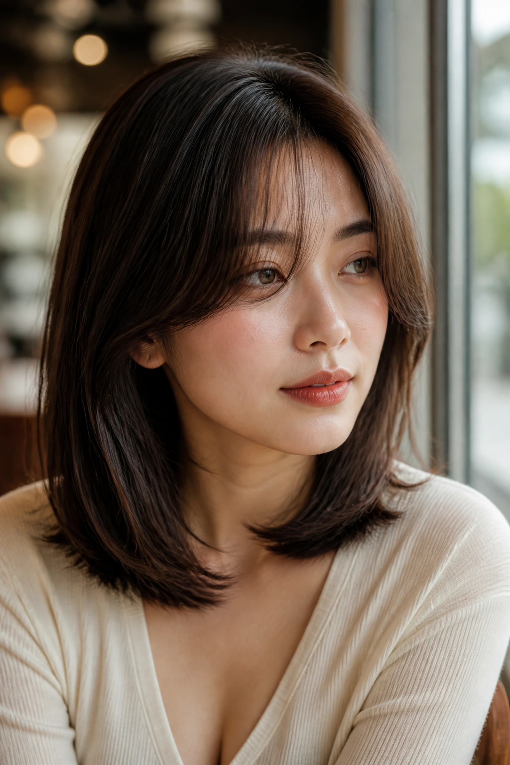 Close-up portrait of an Asian woman with soft layered lob and curtain bangs