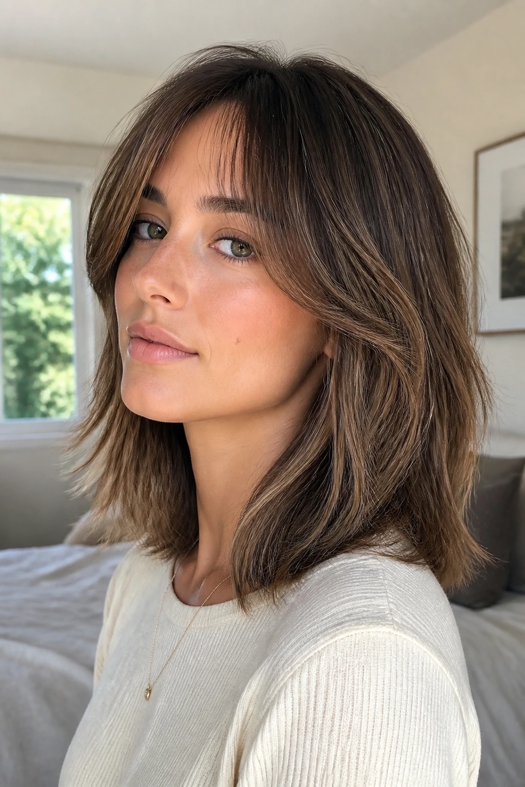 Close-up portrait of a real woman with soft layered lob and feathered curtain bangs