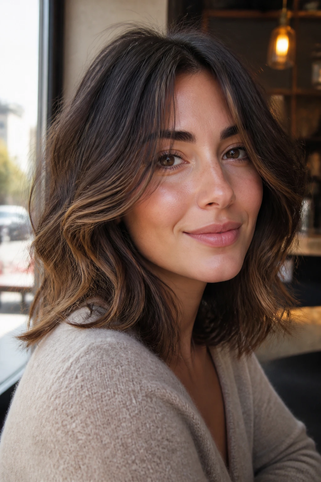 Close-up of a woman with soft layered lob and face-framing pieces near cheekbones
