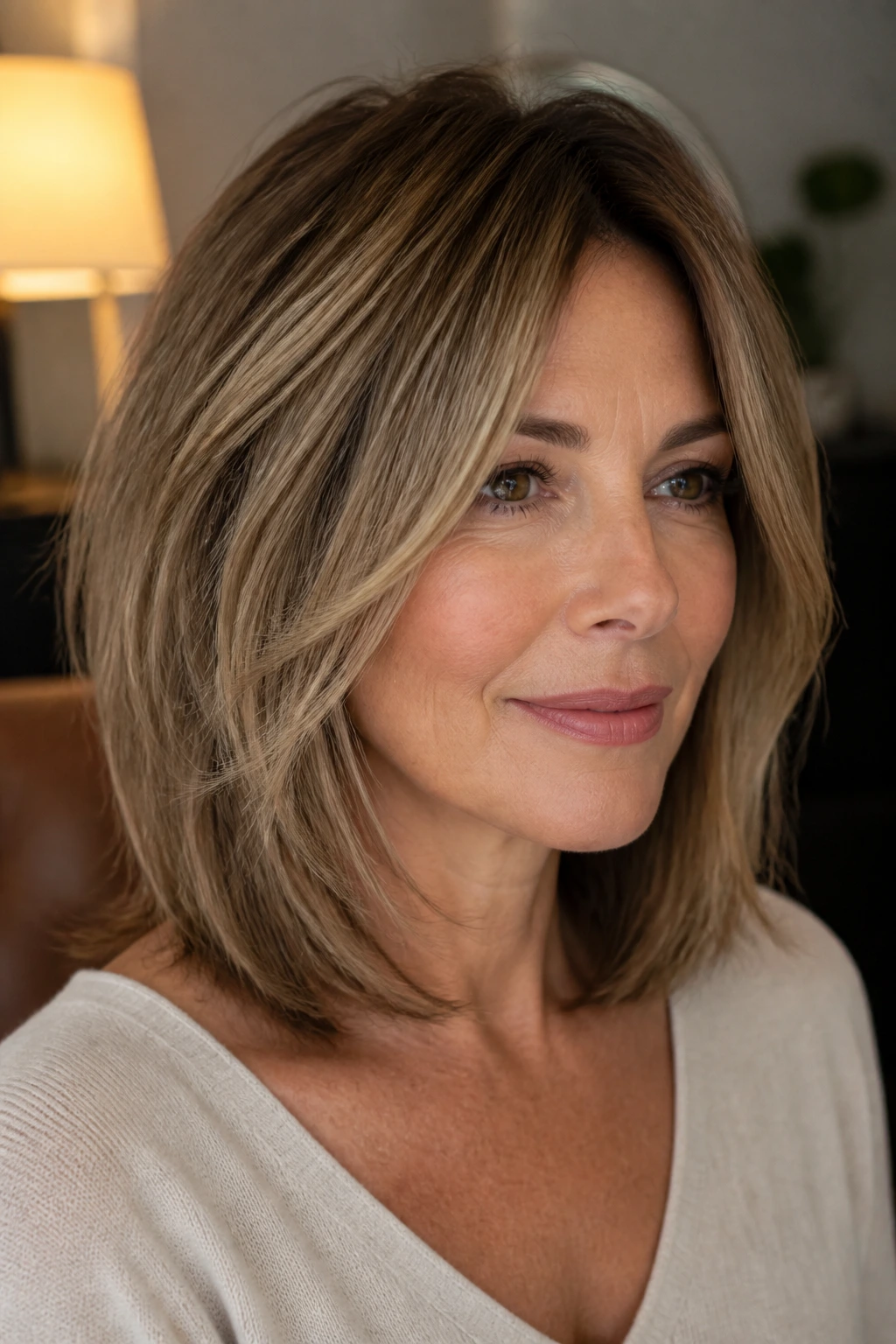 Real woman with soft layered lob haircut showing gentle layers around the collarbone in warm interior light