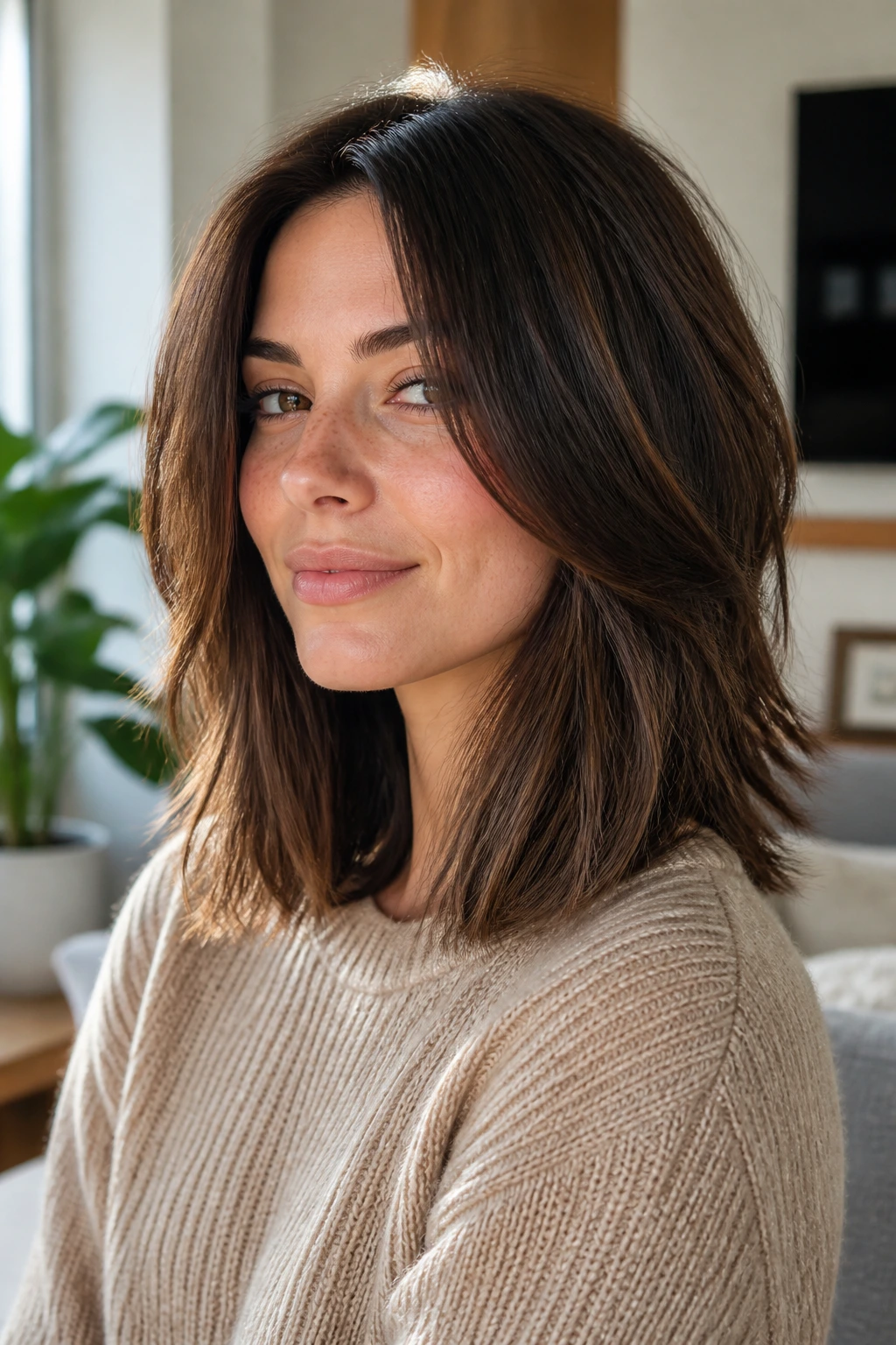 Close-up of a soft layered lob on a real person showing movement and cheekbone layers