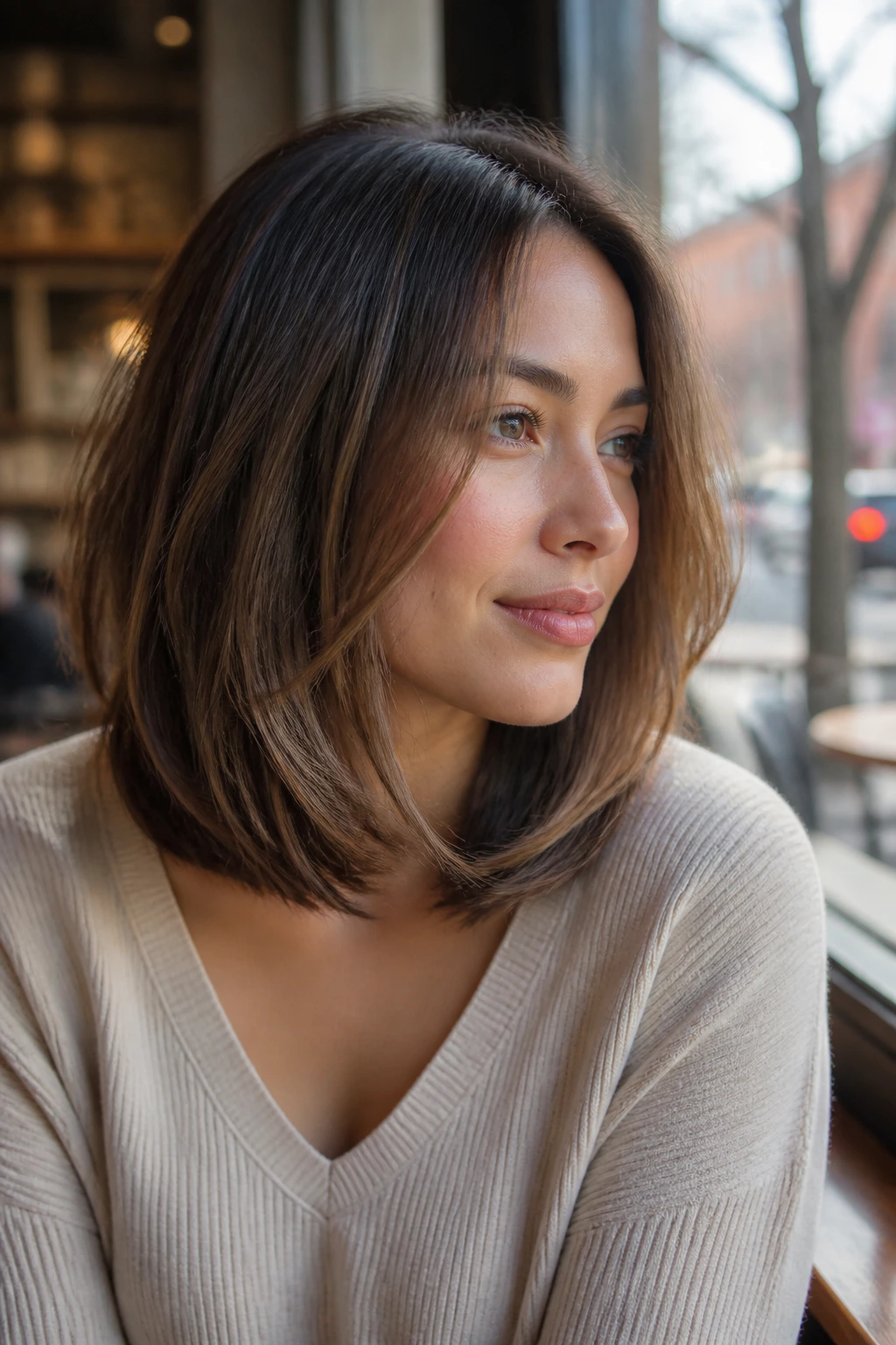Close-up of real woman with softly layered lob showing hidden movement