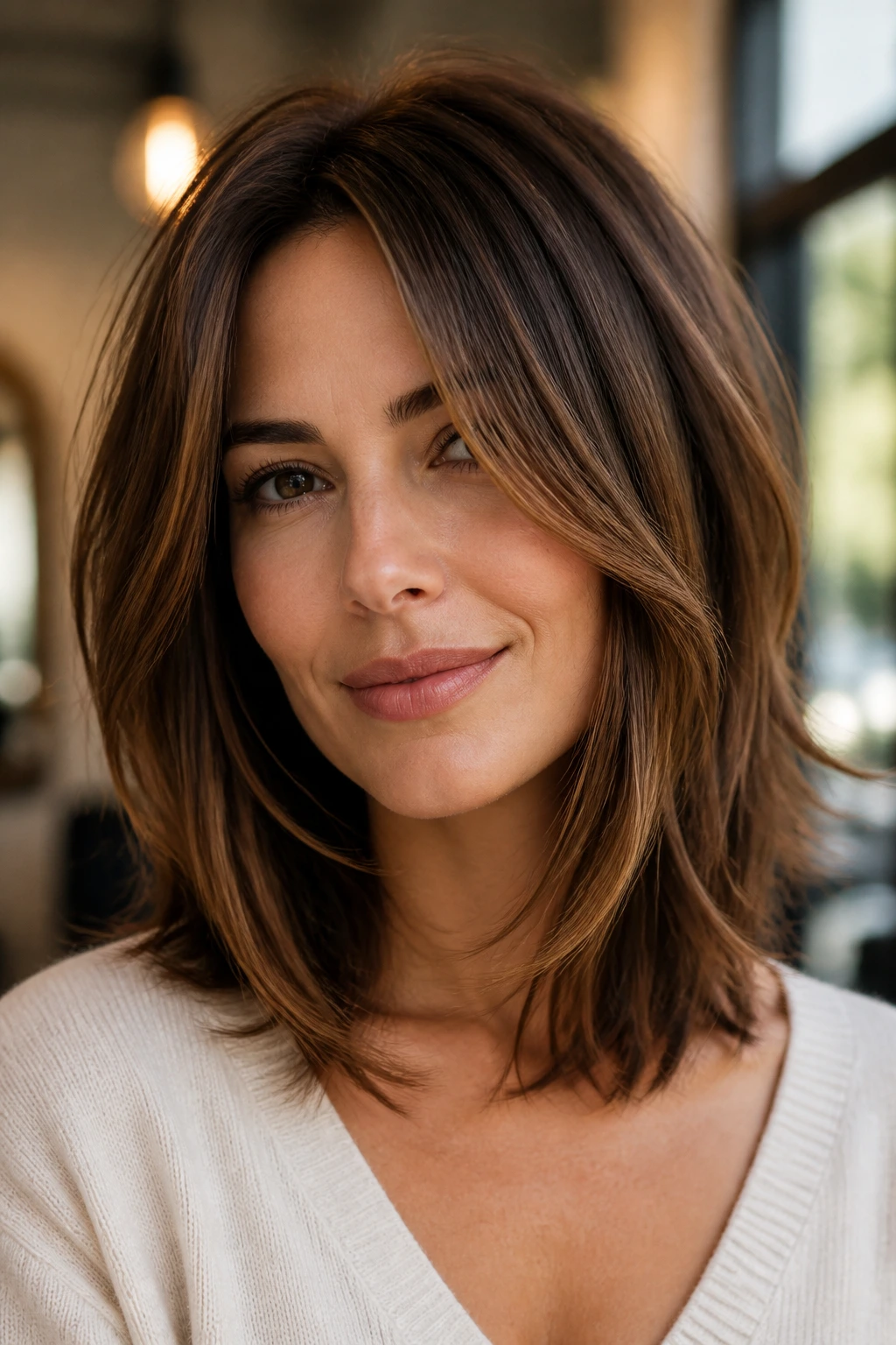 Close-up portrait of a real person with a soft layered lob and visible lower-layer movement in warm indoor light.