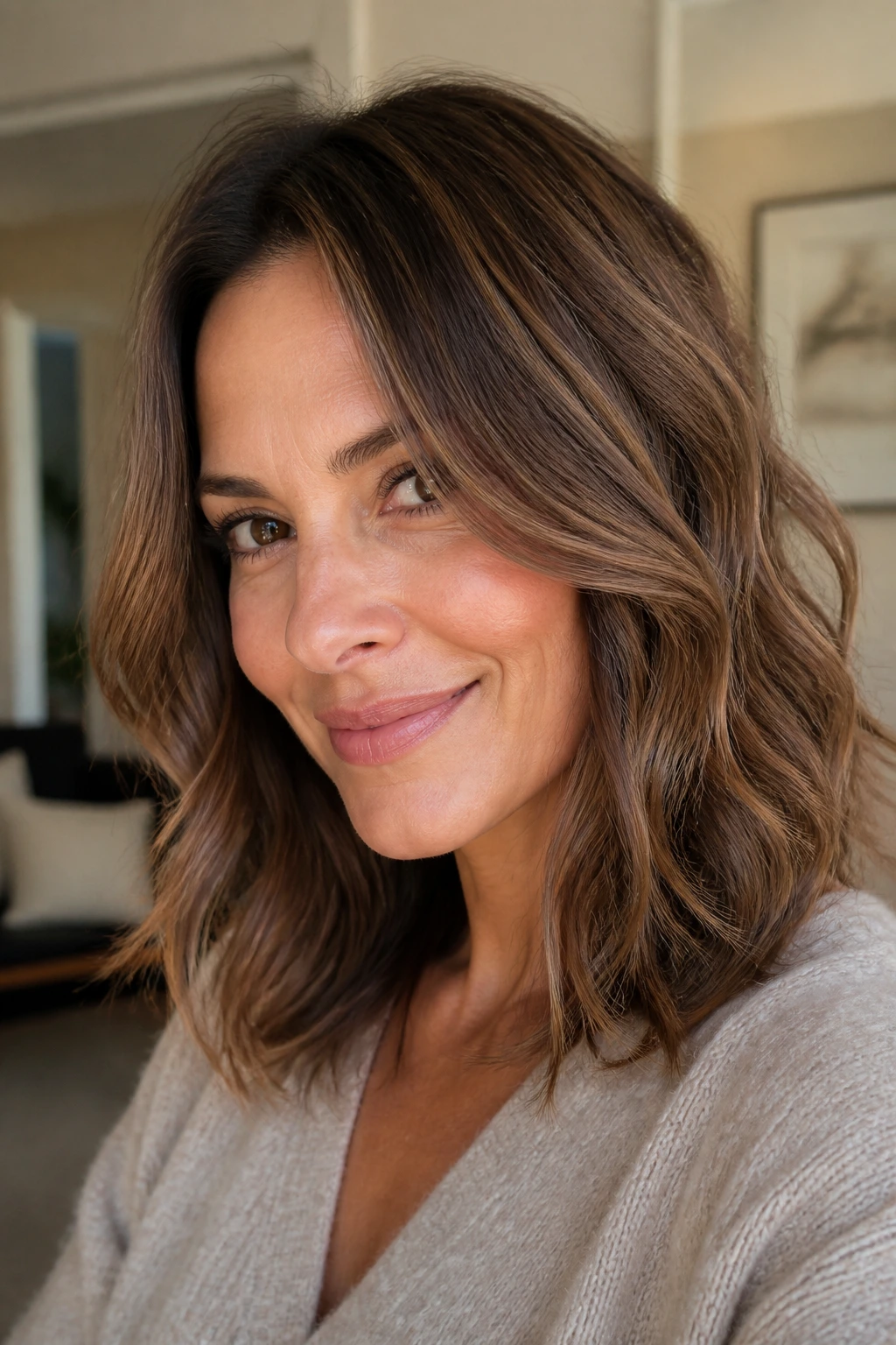 Close-up of a real person with soft-layered lob creating gentle movement in waves.