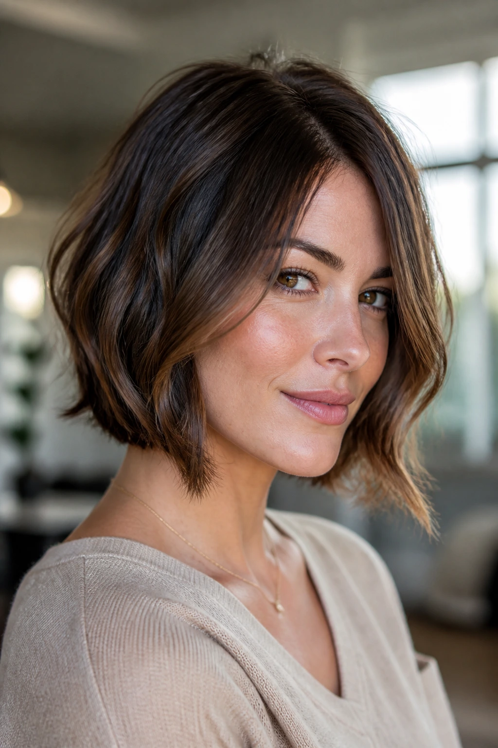Close-up of a real woman with a soft layered bob and cheekbone-length layers