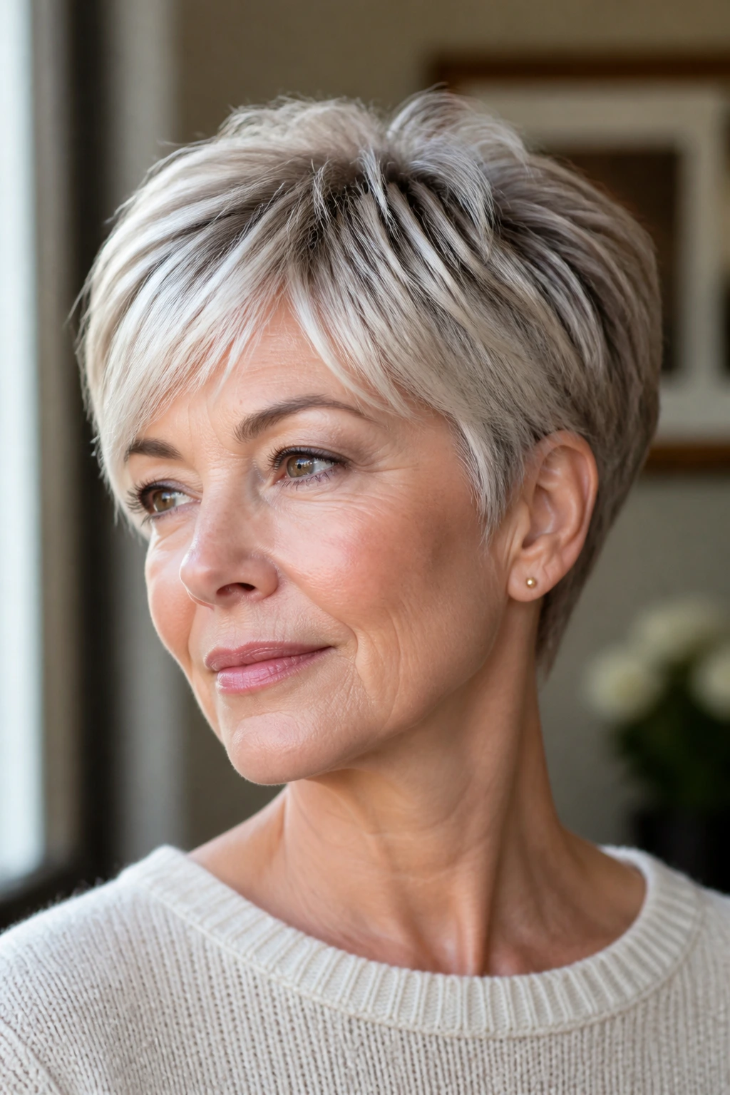 Close-up of a real woman with a soft layered pixie haircut, fringe swept to the side.