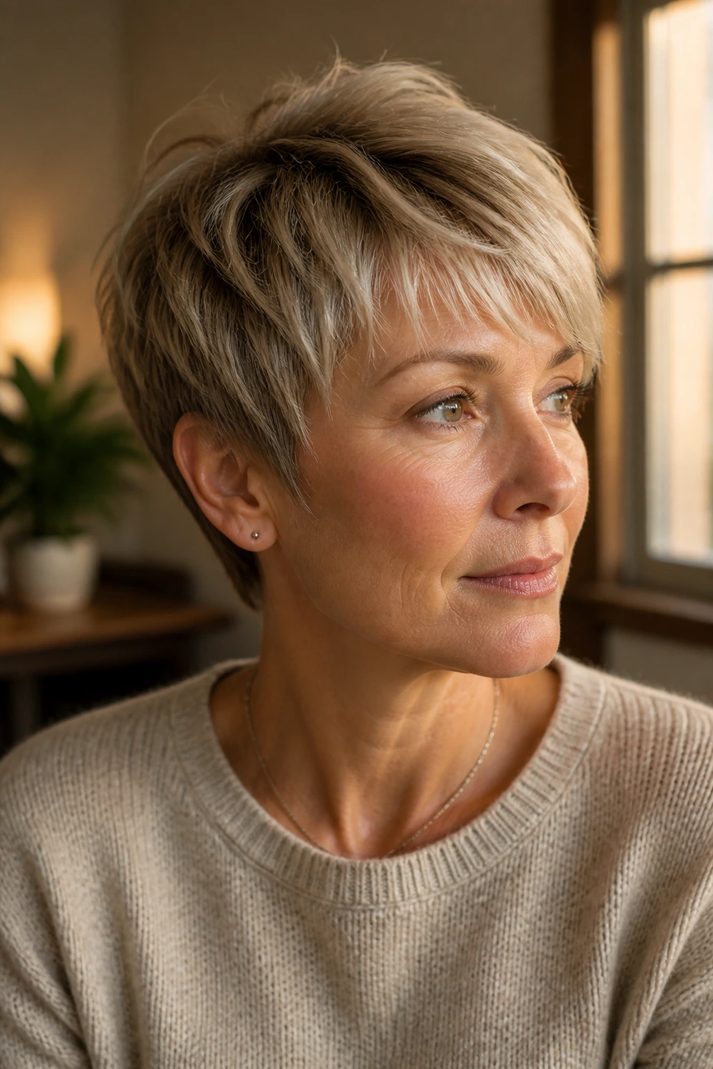 Real person with soft layered pixie showing feathered crown on straight hair
