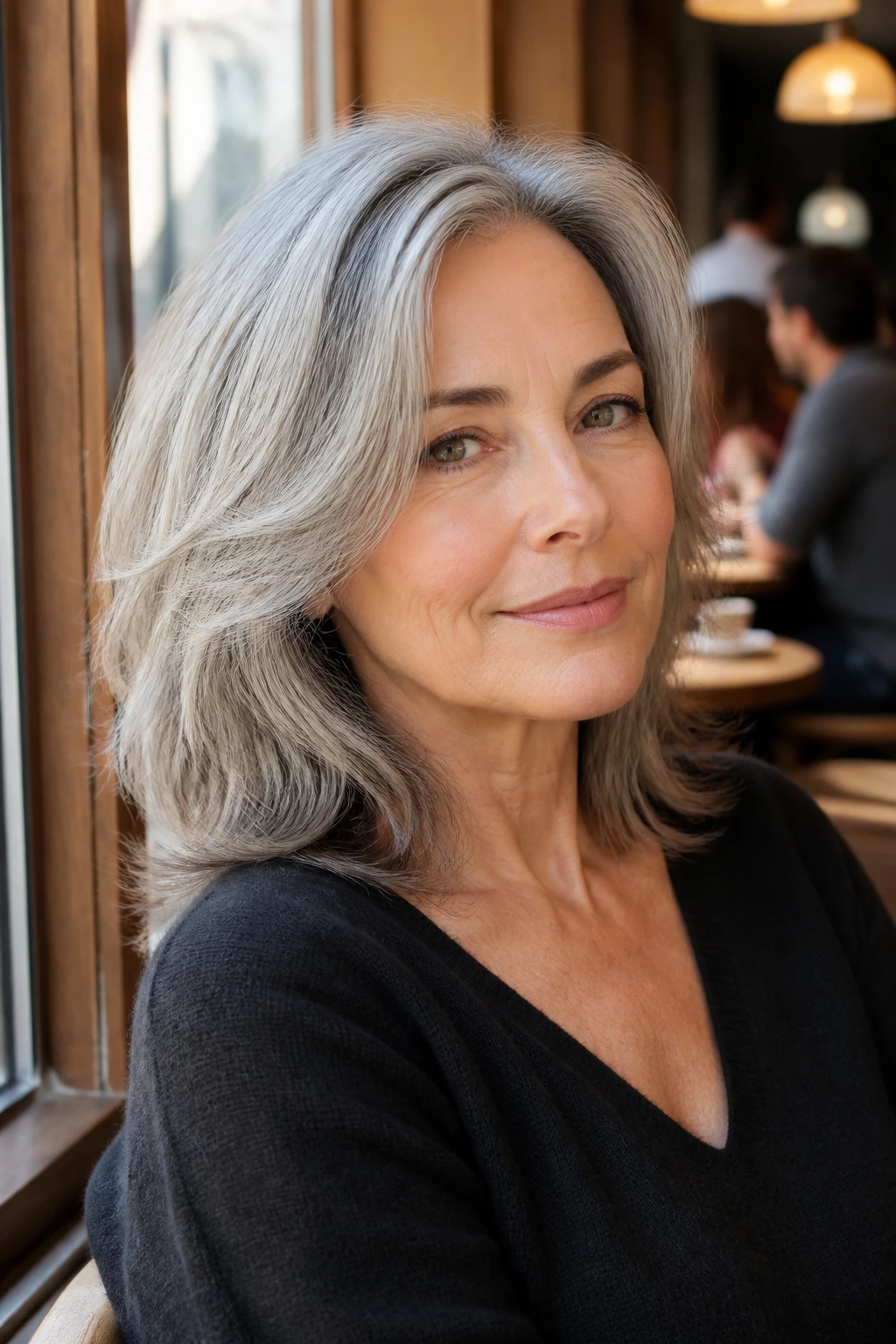 Close-up of a real woman with soft layered shag no fringe