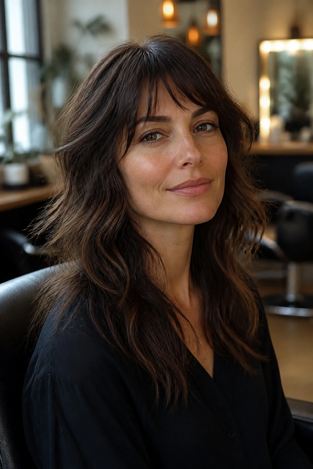Real woman with soft layered shag in a salon setting