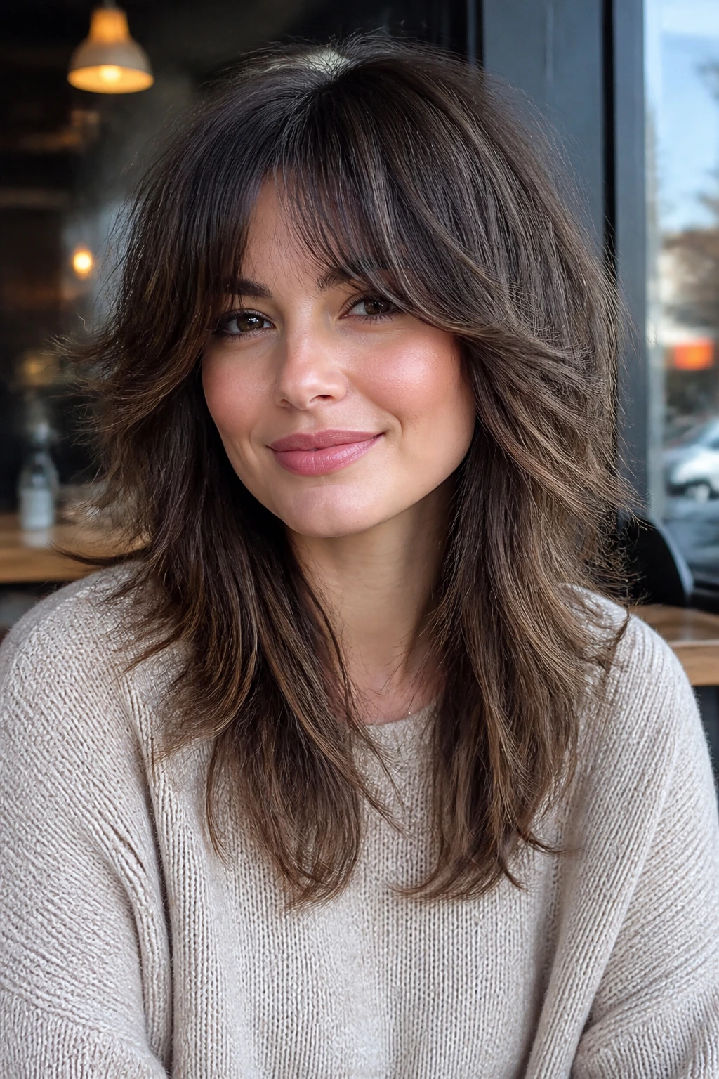 Portrait of a real woman with soft layered shag for round faces, cheek framing