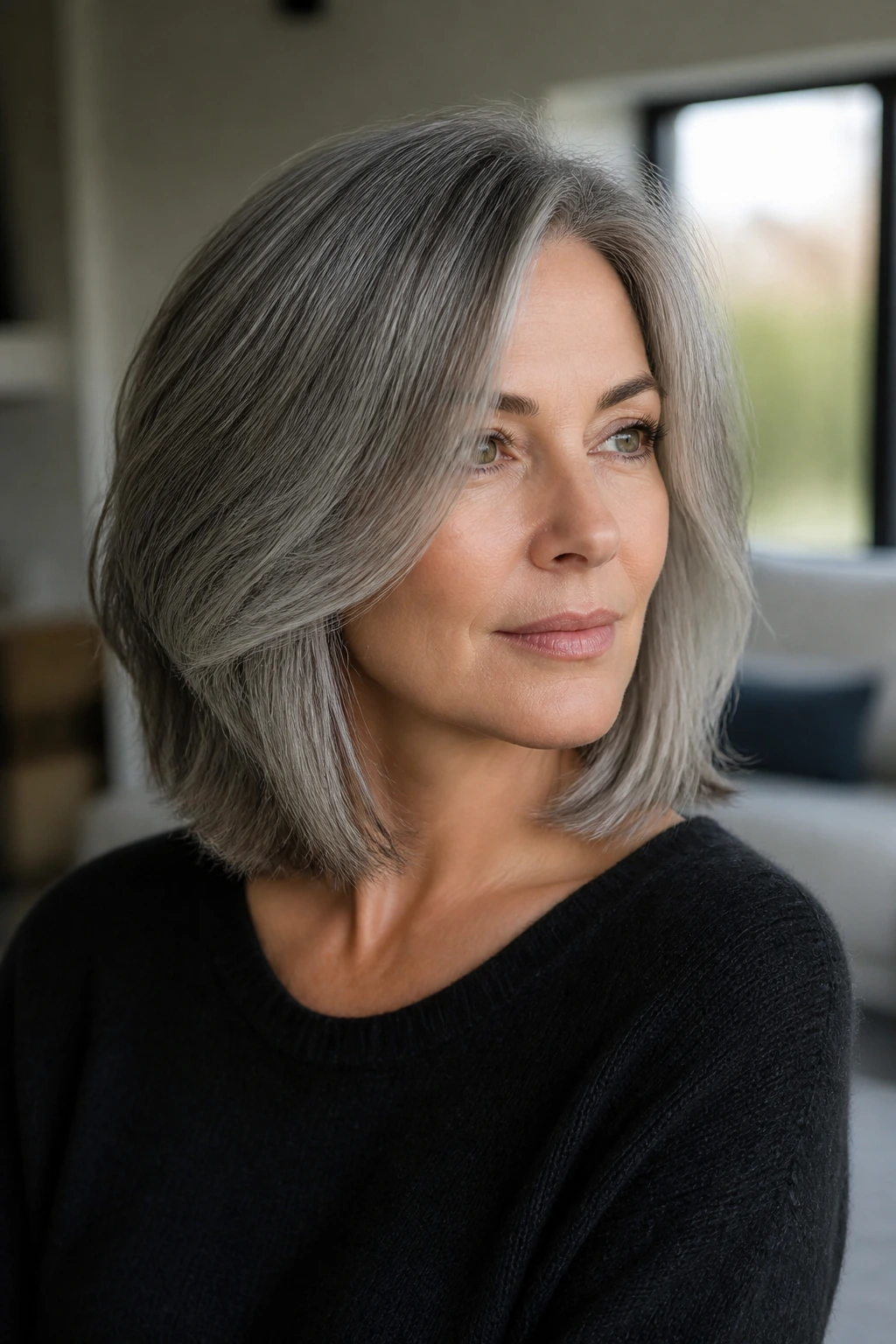 Medium close-up of soft layered smoky lob on a real person