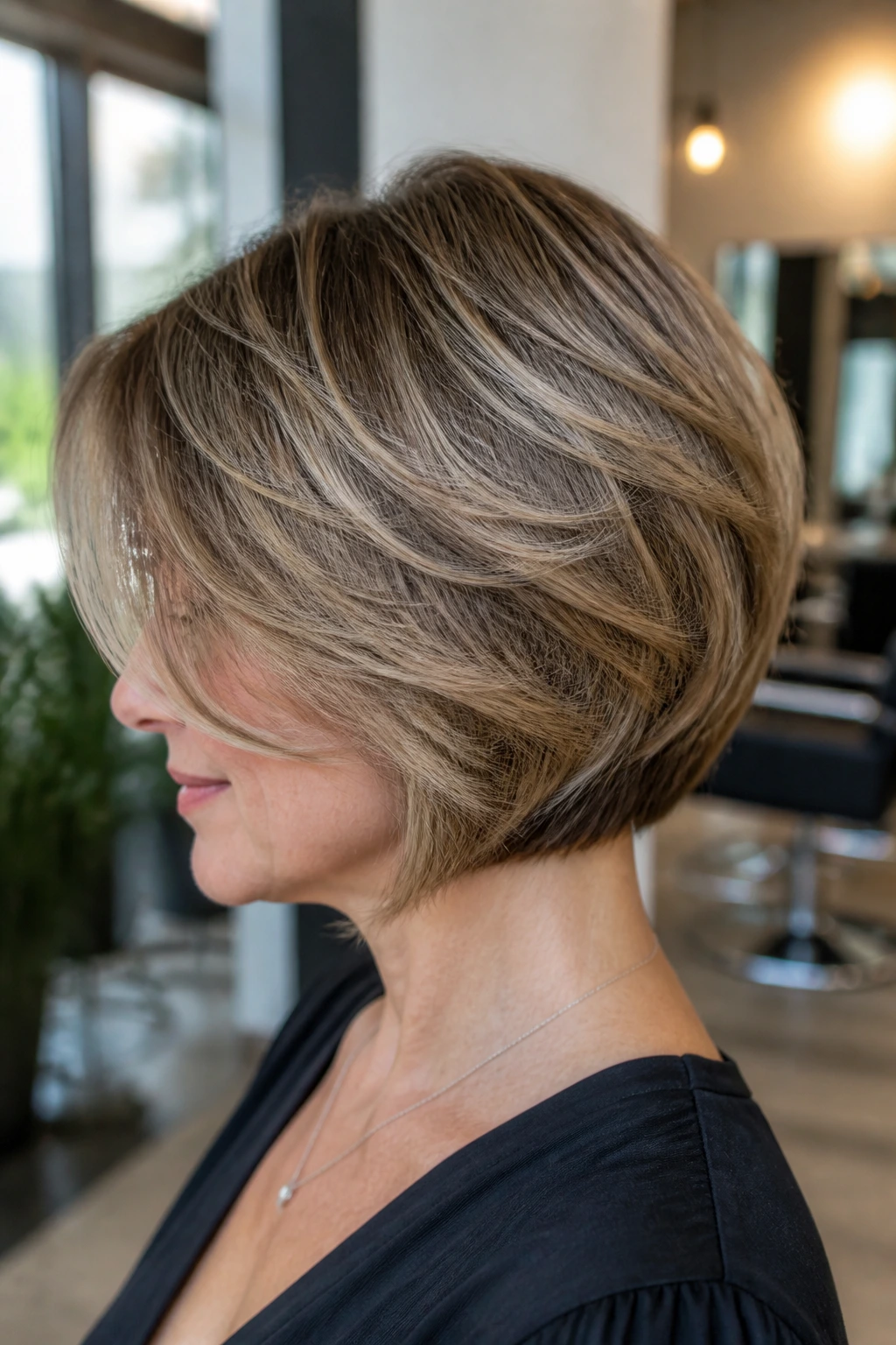 Real woman with soft layered stacked bob showing blended layers