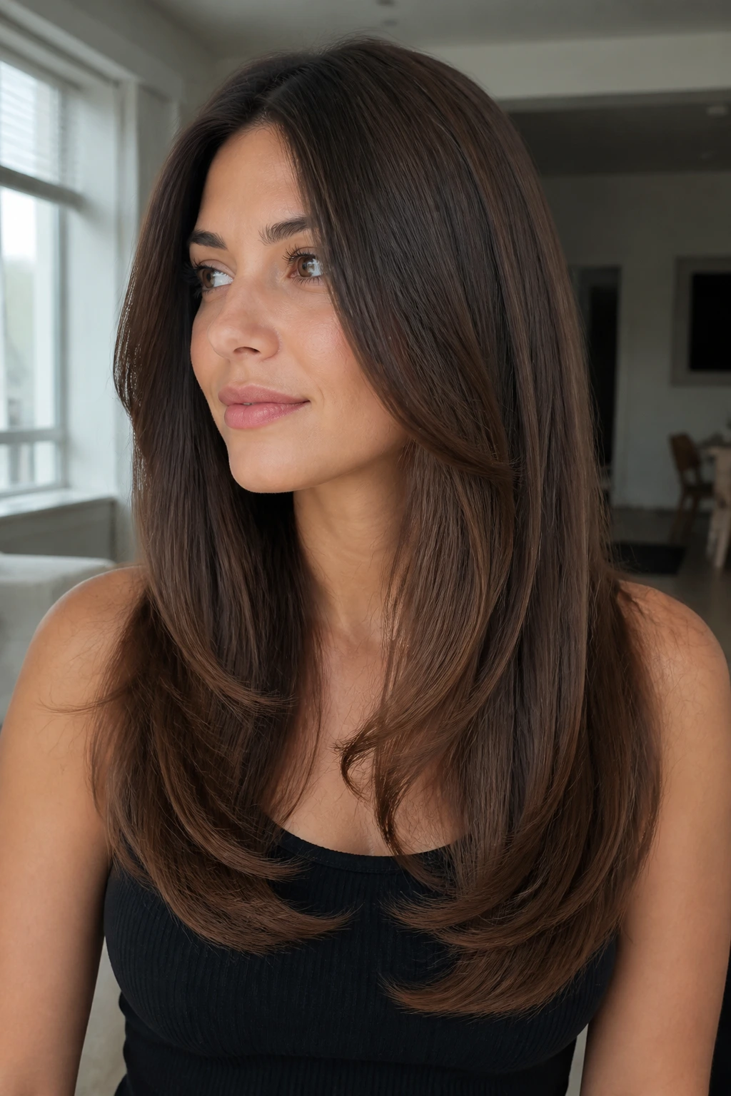 Close-up of a real person with soft layered straight hair and smooth blowout.