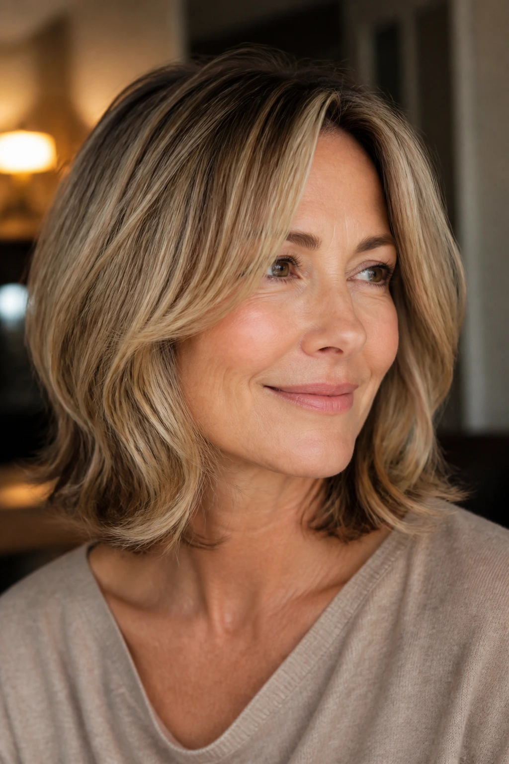 Portrait of a real woman with soft cheekbone-brushing layers on shoulder-length hair