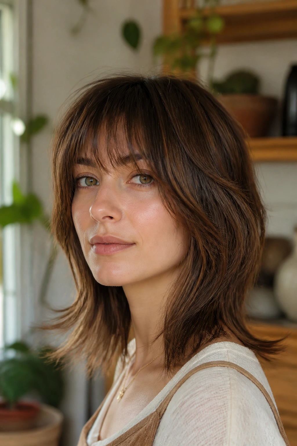 Portrait of woman with balanced soft layers fairy shag growing out well