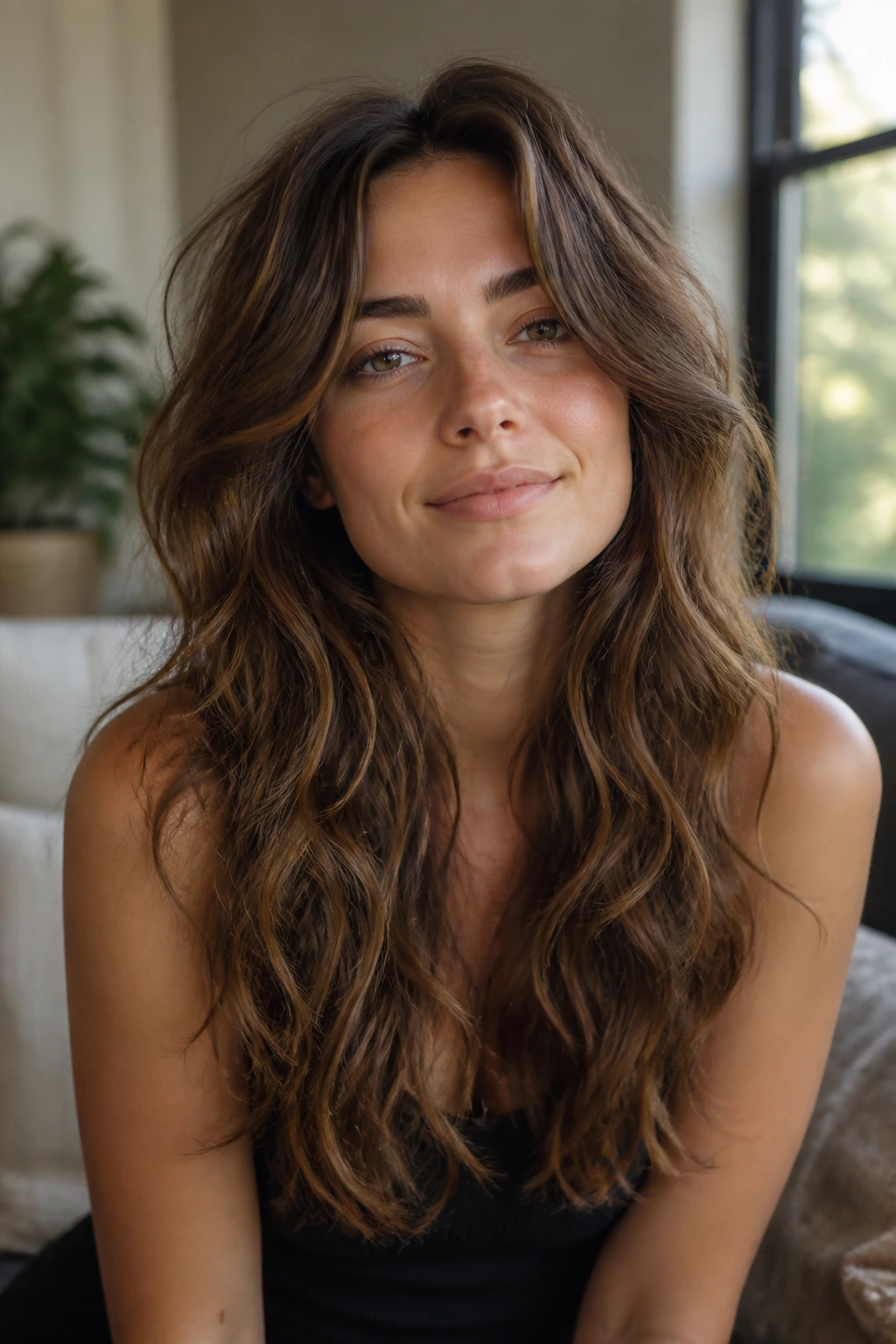 Close-up of a real woman with soft long layers in wavy hair