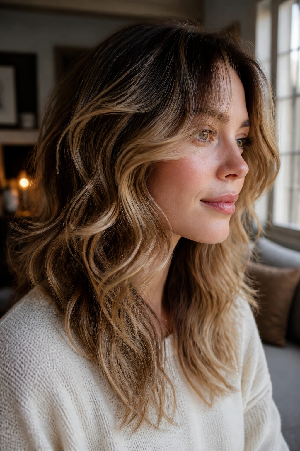 Portrait of a woman with soft layered waves demonstrating how layers affect wave fall.