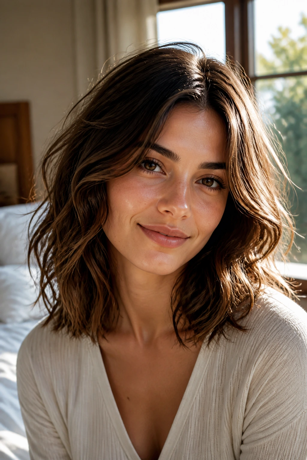 Close-up portrait of a real woman with softly layered wavy hair framing her face, showcasing waves that breathe.