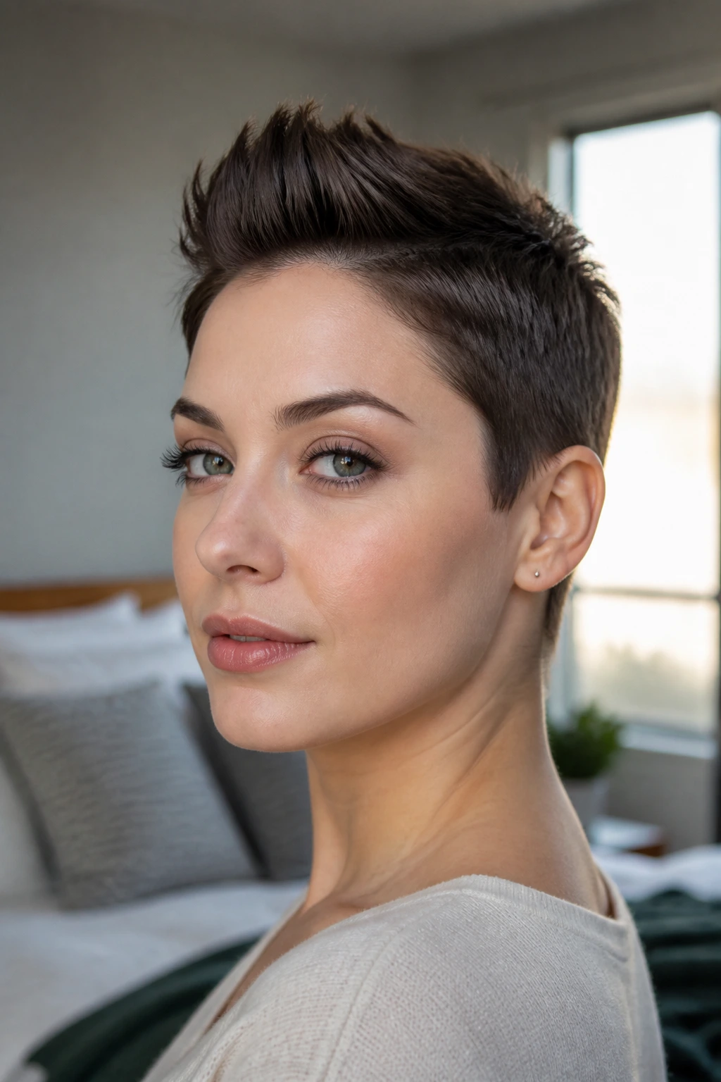 Real person with soft lift faux hawk, subtle movement and sleek sides