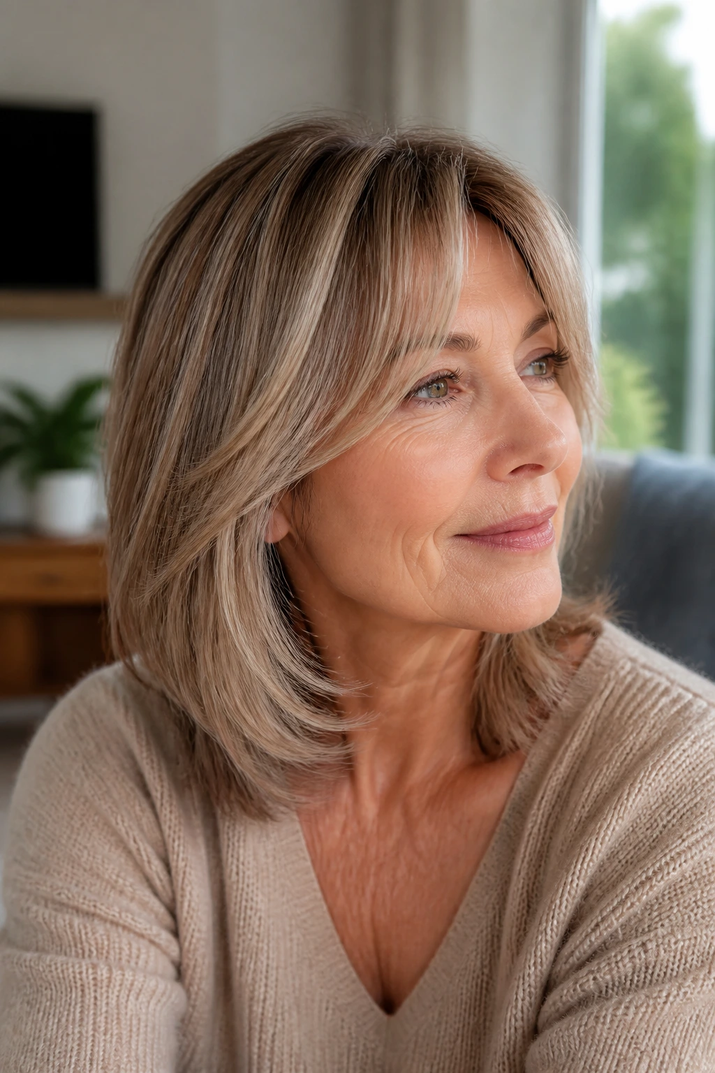 Close-up of older woman's hair with soft champagne highlights and gentle grow-out