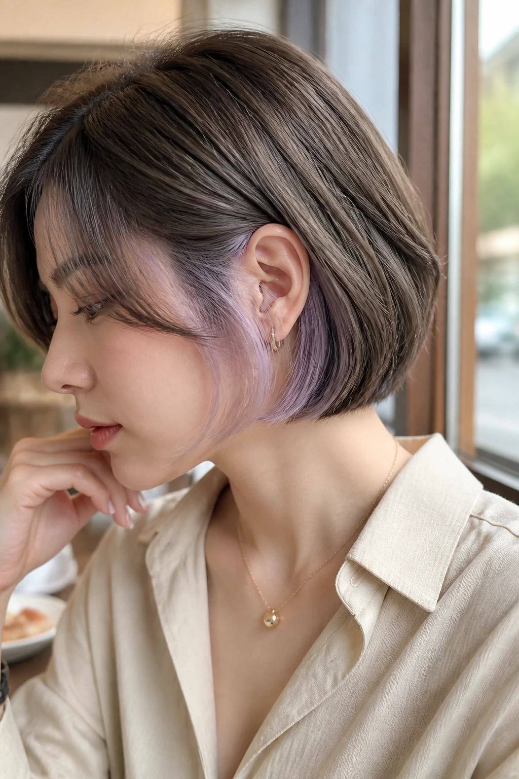 Portrait of a real woman with a soft lilac underlayer peeking from beneath a neutral top layer on a short bob