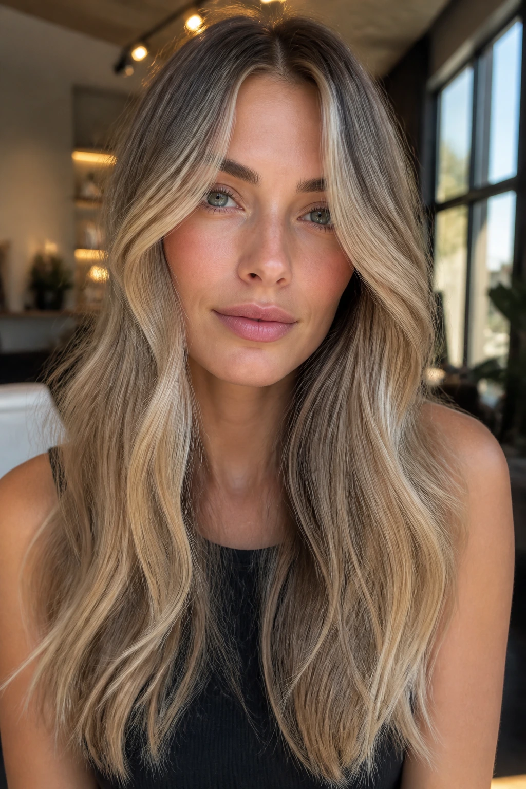 Portrait of a woman with Soft Lived-In Blonde highlights and root melt