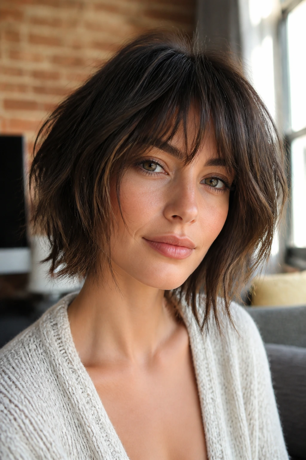 Close-up of a real person with a soft, lived-in choppy haircut framing the face.