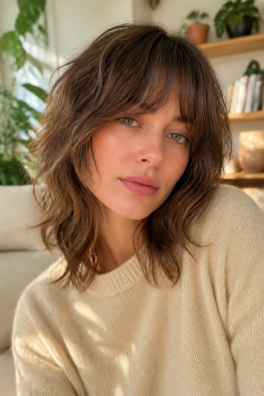 Real person with soft relaxed shag and long fringe in sunlit room