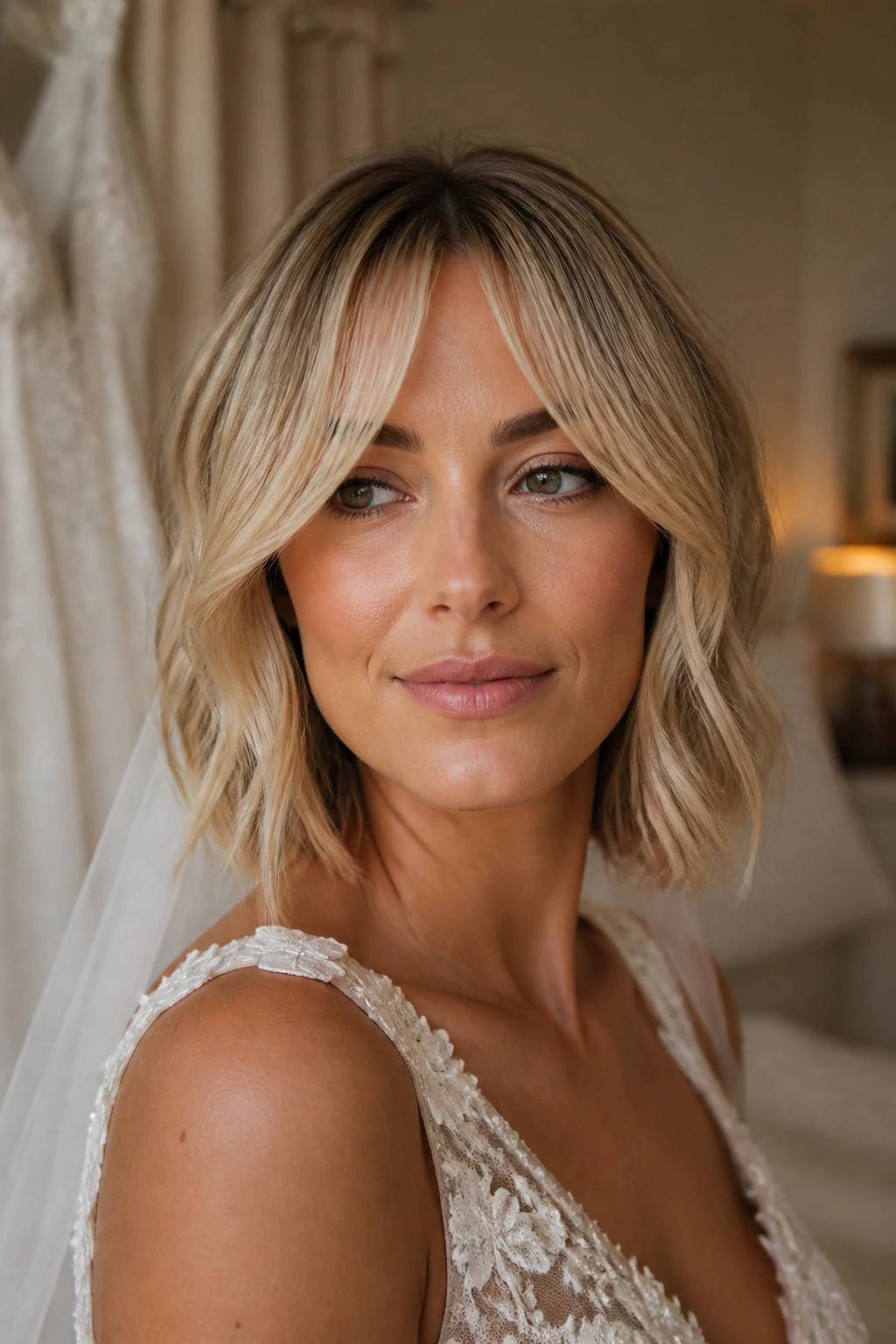 Close-up of a real bride with a soft lob and curtain bangs framing her face.
