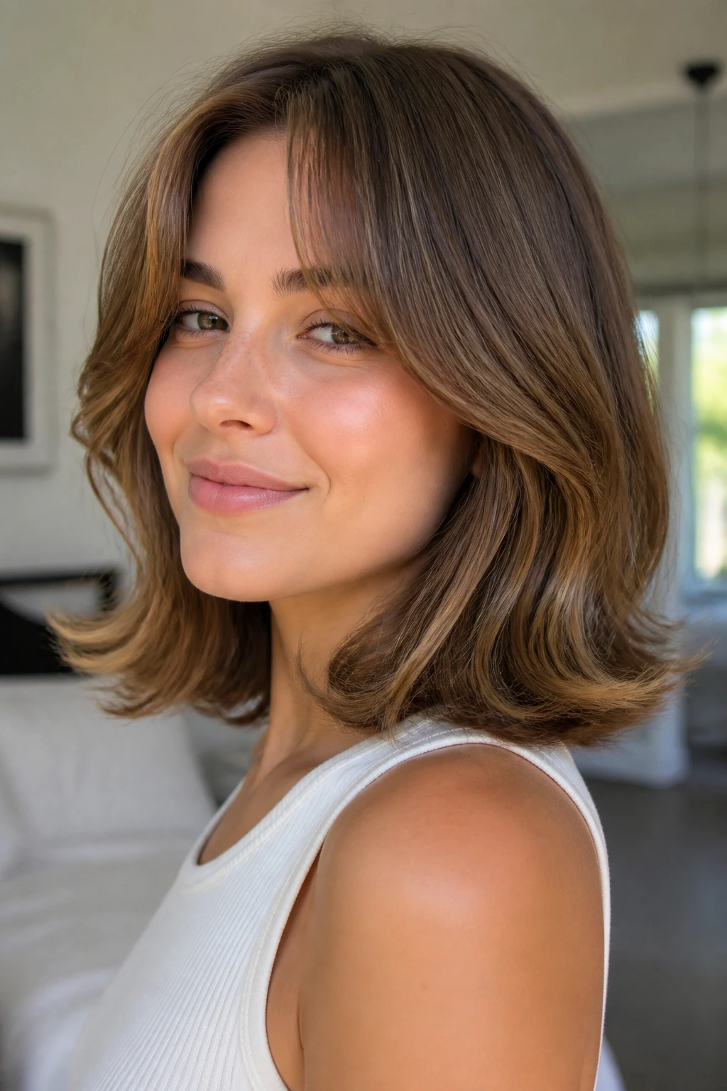 Portrait of a real woman with a soft lob and curtain bangs
