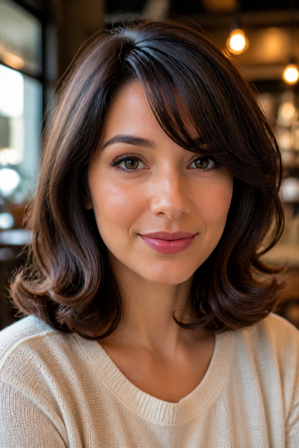 Close-up of a woman with a soft lob and rolled-under ends