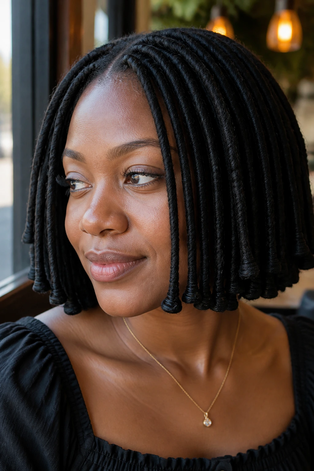 Close-up of soft loc bob with wrapped ends on a real woman in daylight