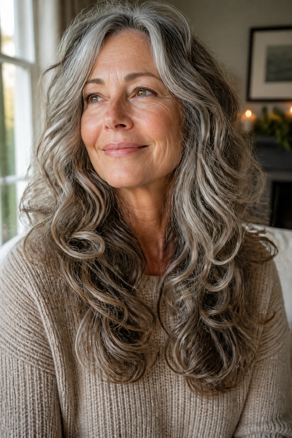 Older woman with soft long layers and rounded ends on curly hair