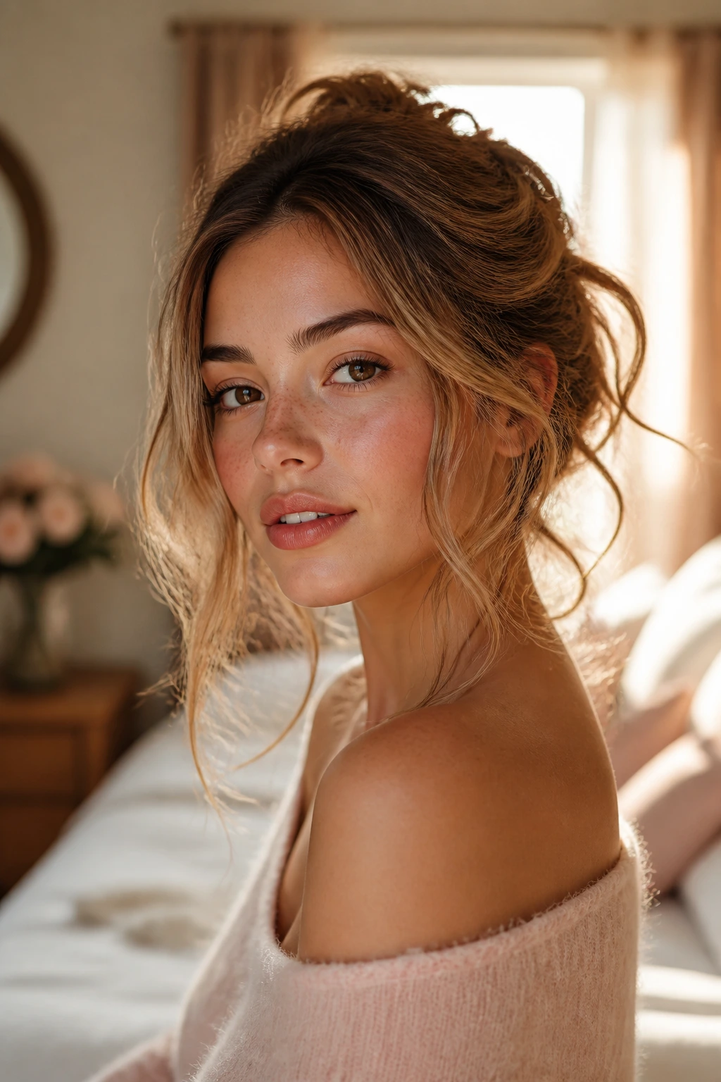 Close-up of a real person with soft hair movement and face-framing strands in warm window light