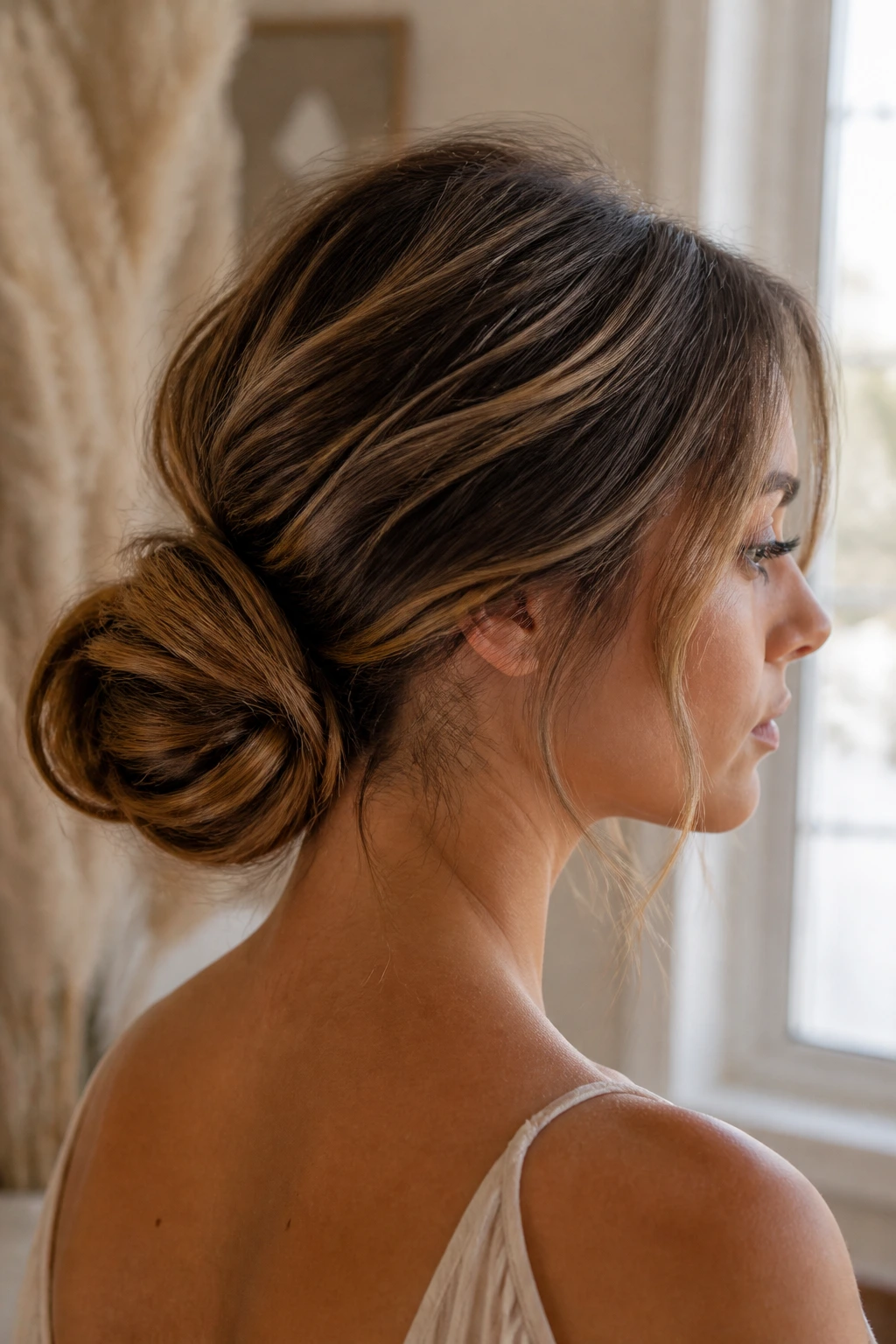 Close-up of a real person with a soft loop bun and loose strands