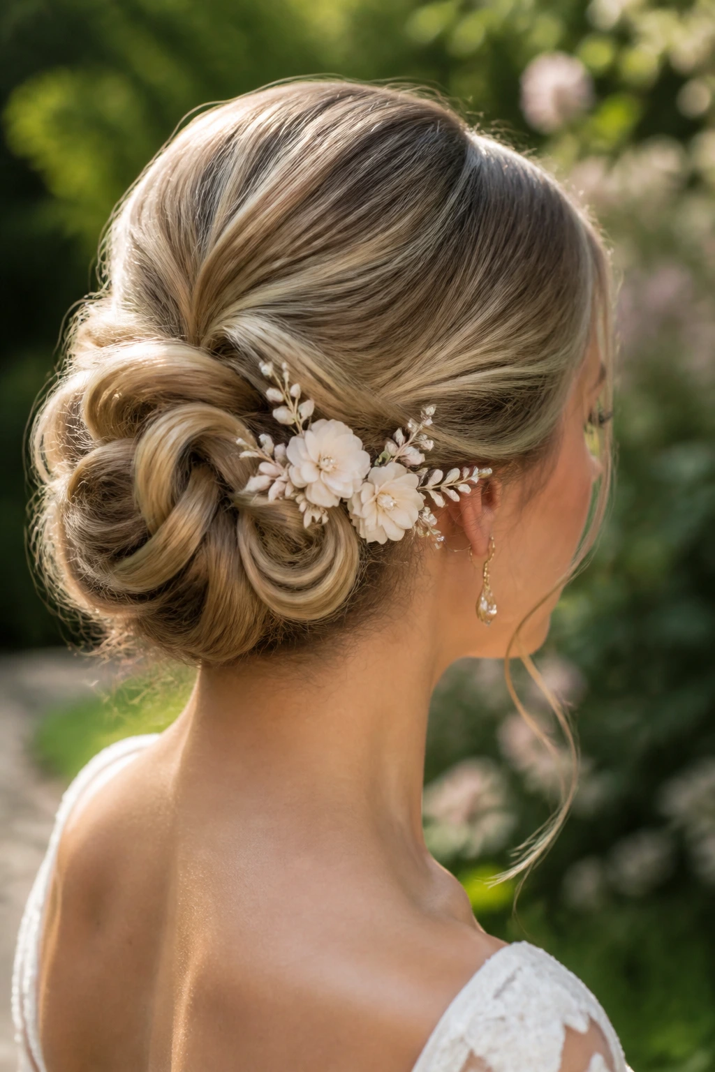 Close-up of a bride head with a soft loop bun and floral pins on one side