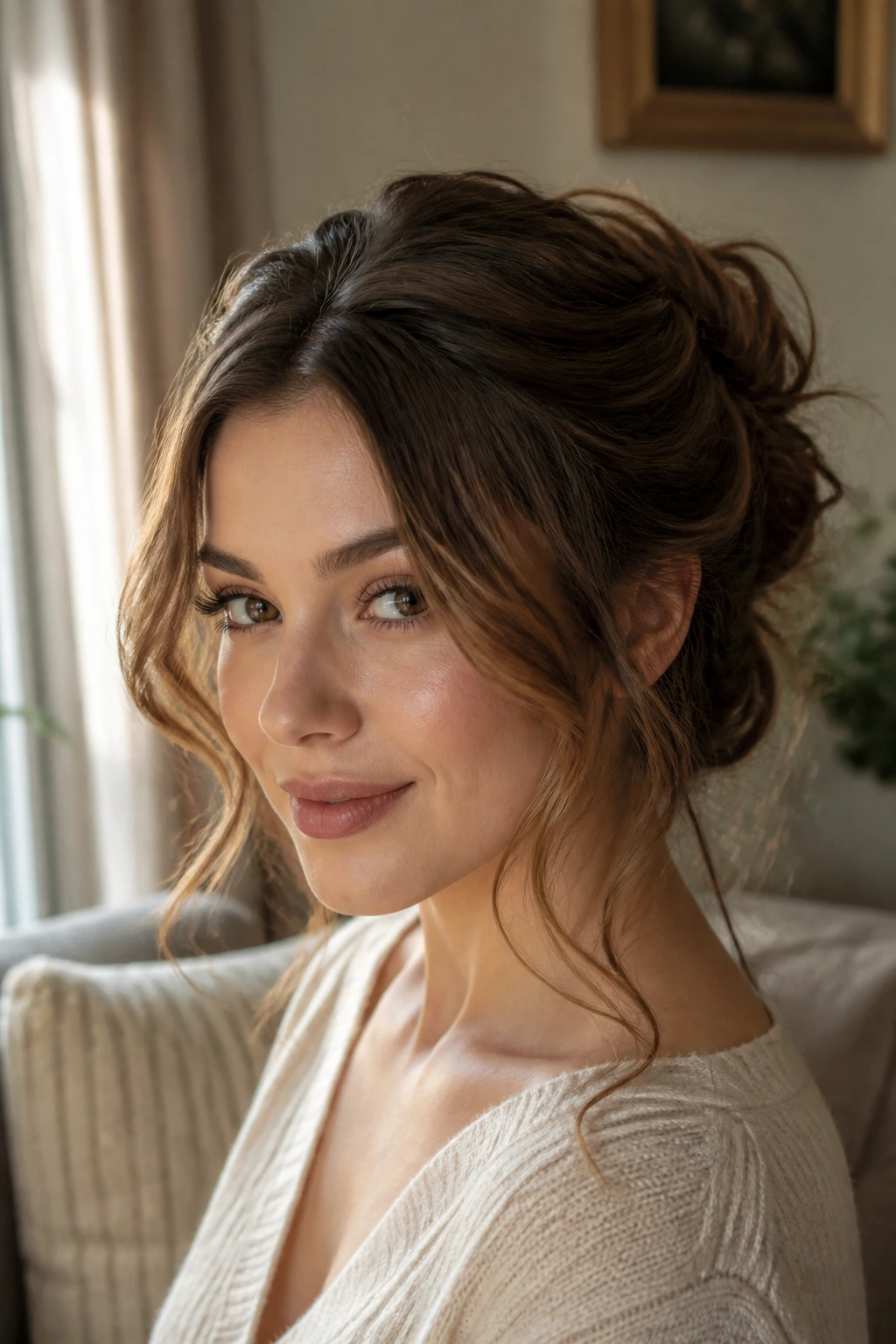 Real woman with loose front pieces and a softened crown showcasing a relaxed romantic hairstyle.