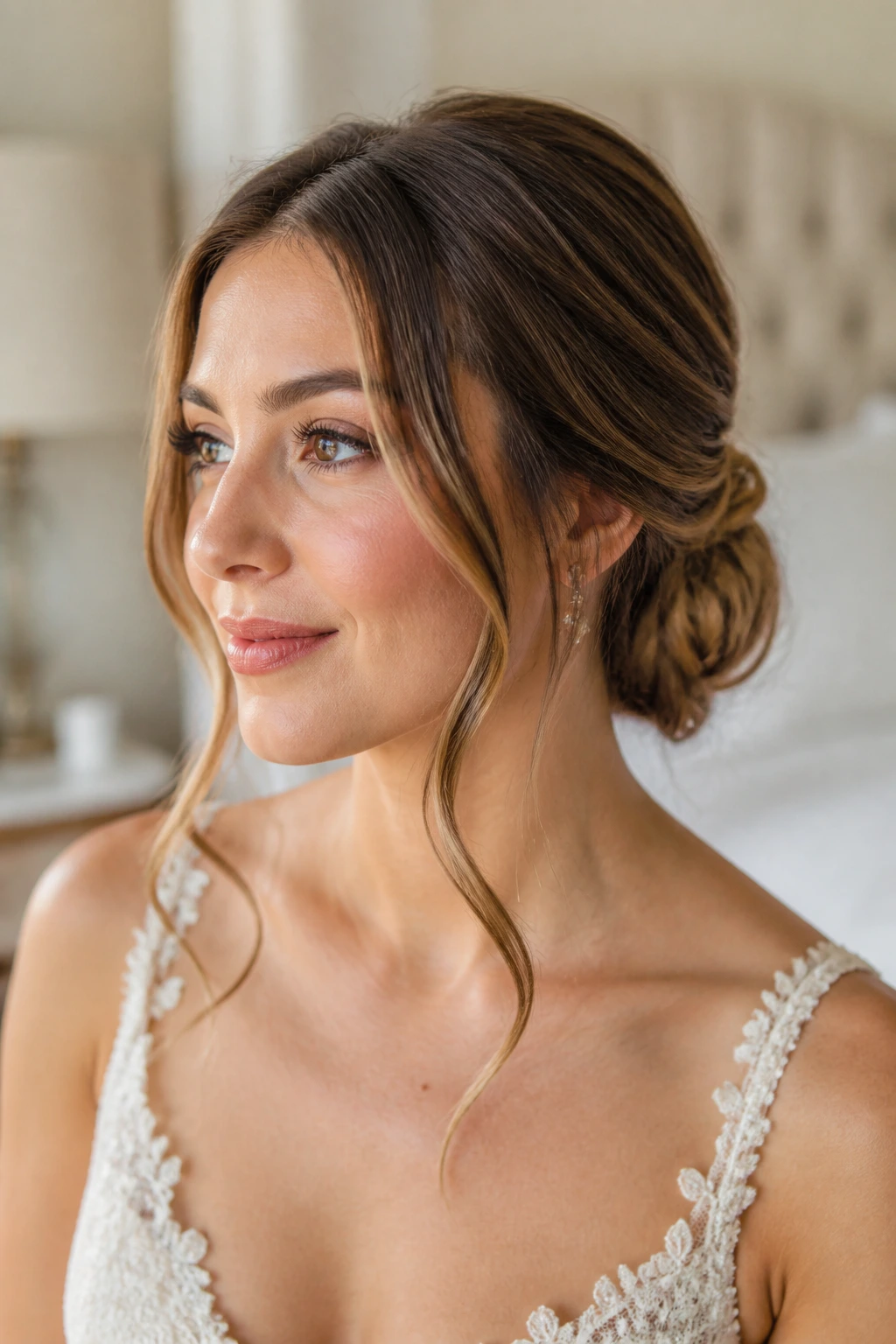 Bride with soft low bun and delicate face-framing pieces in a sunlit room