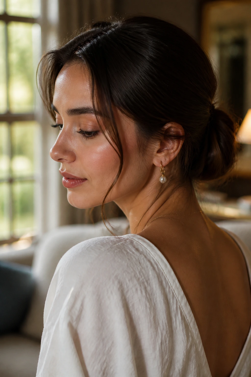 Portrait of a woman with a soft, shapely low bun and a loose tendril near the temple.