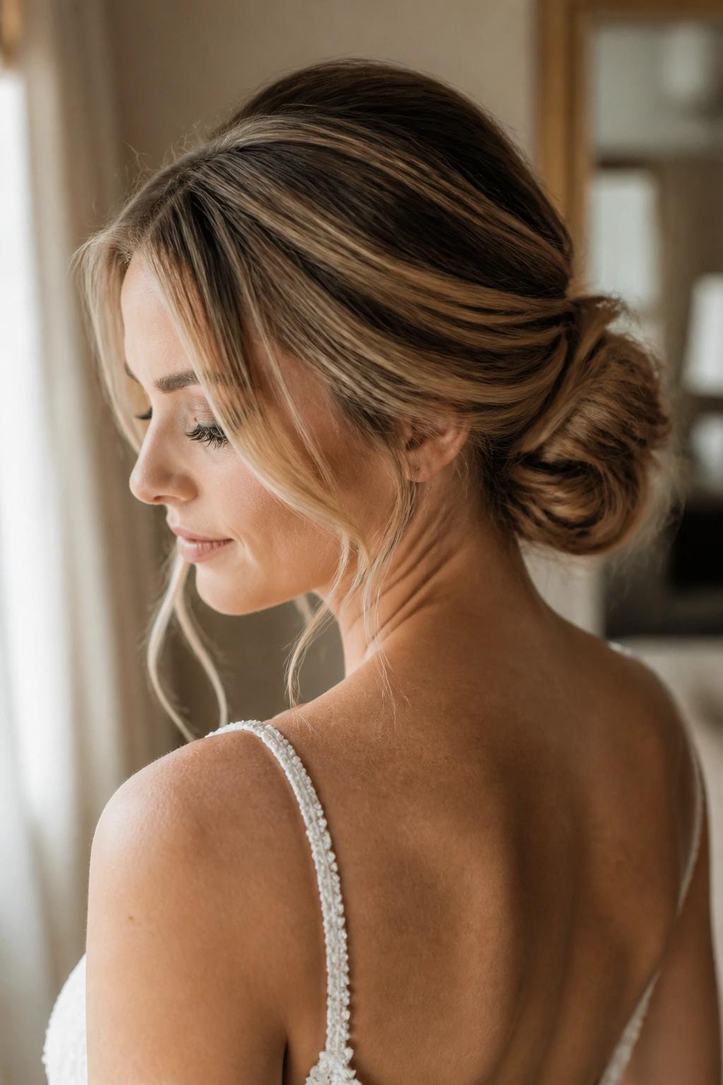 Bride with soft low chignon and face-framing pieces at the nape