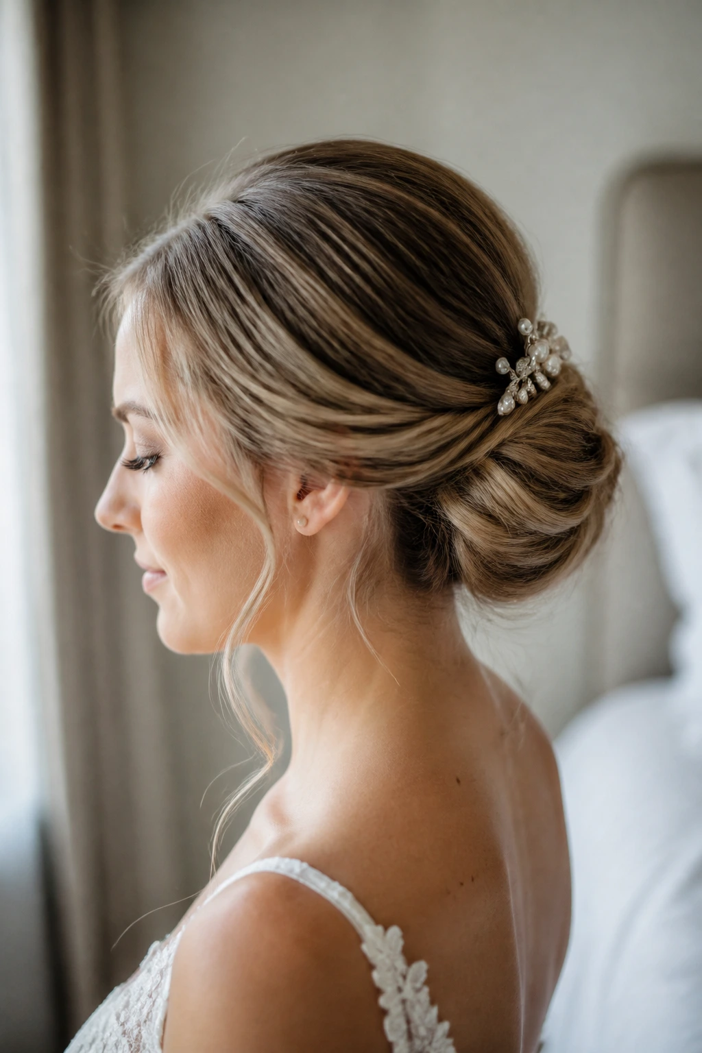Real bride with soft low chignon and hidden cushion