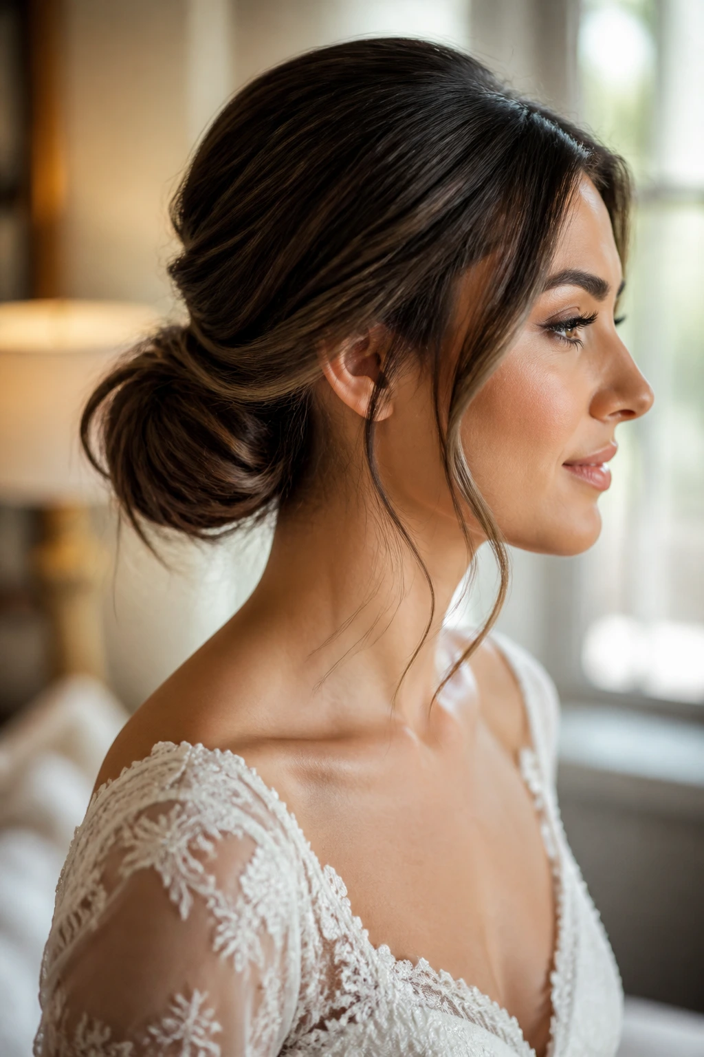 Profile close-up of soft low chignon with face-framing pieces on a real bride