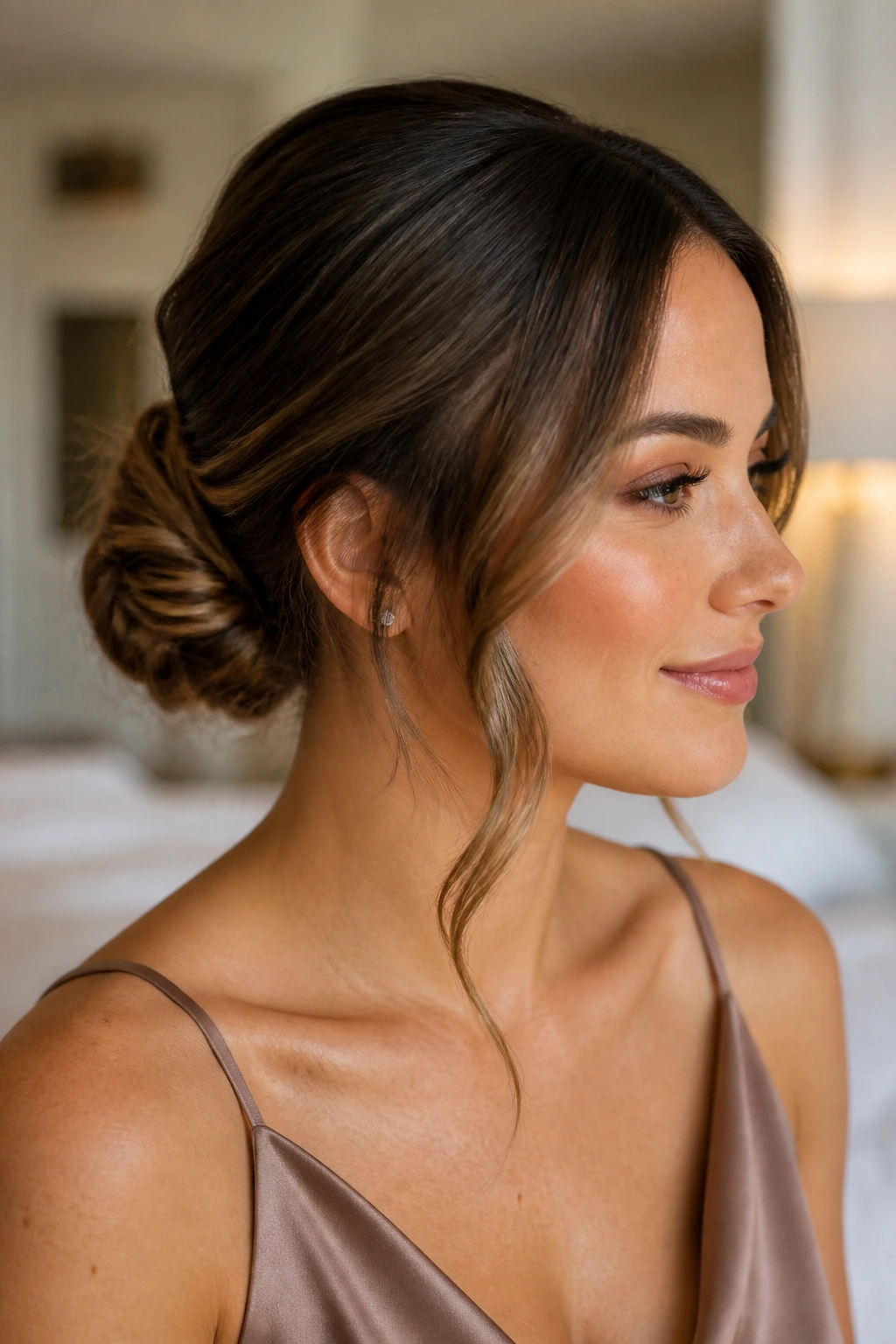 Close-up of real bridesmaid with soft low chignon and face-framing pieces