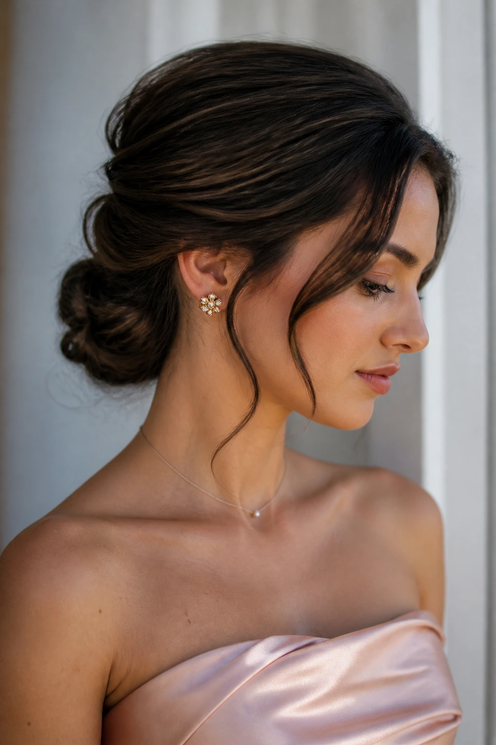 Close-up of a soft low chignon at the nape on a real person