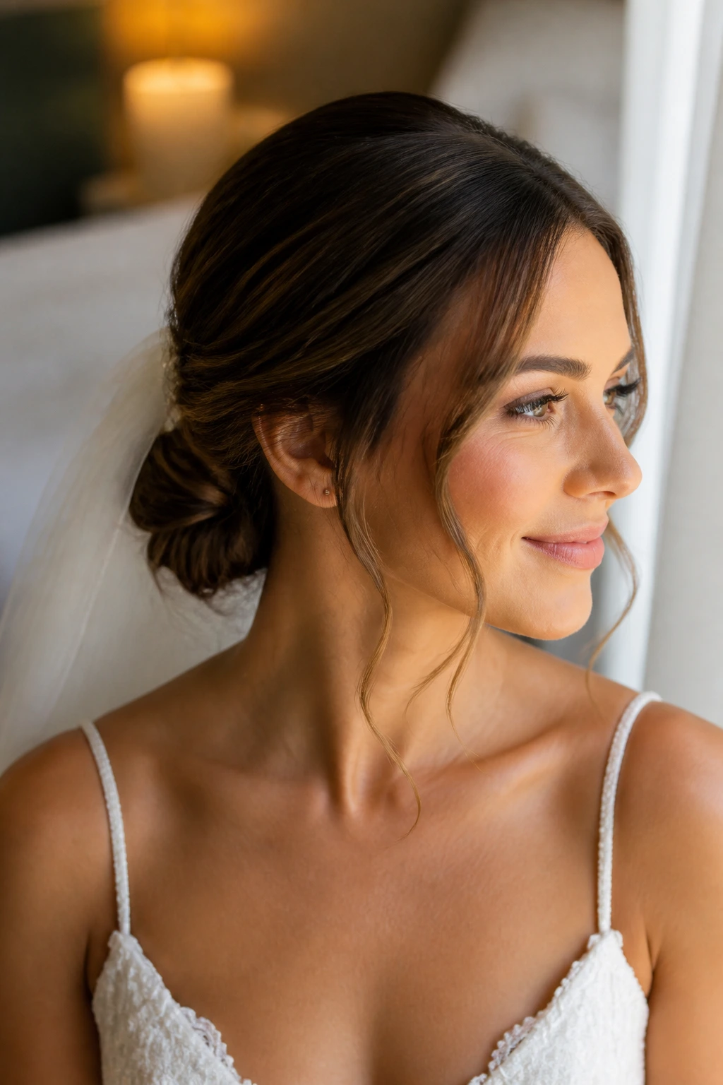 Bride with soft low knot and face-framing veil pieces.