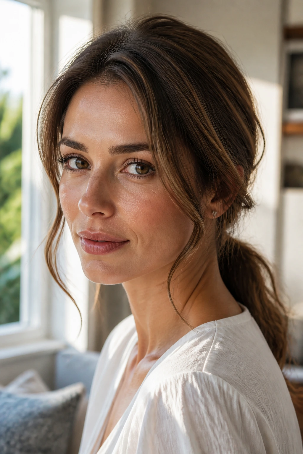 Close-up of a real woman with a soft low ponytail and loose part