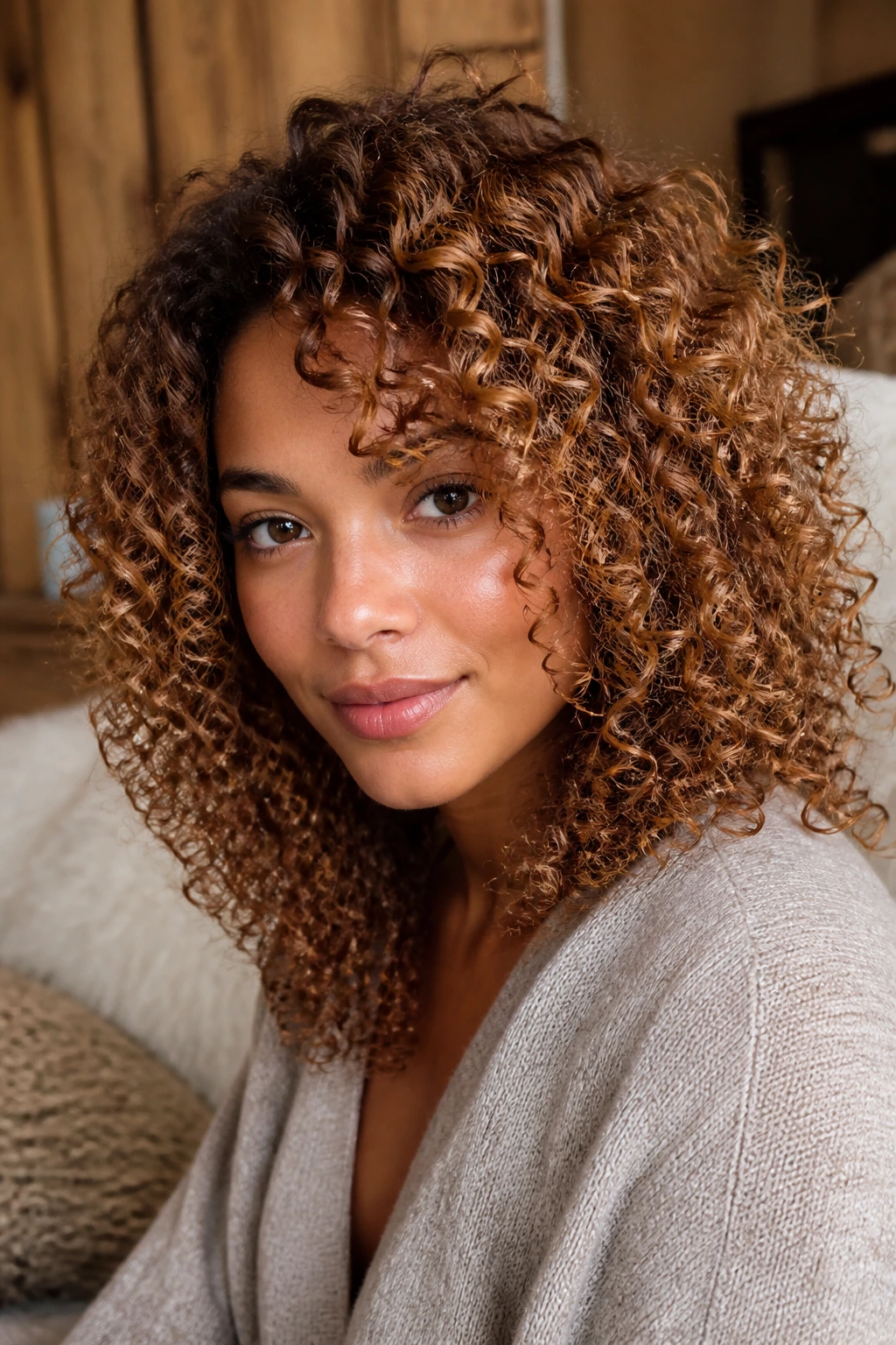 Close-up of curly hair with a soft maple caramel and glossy finish