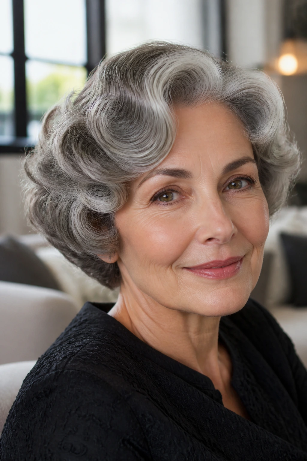 Close-up portrait of a real woman with soft Marcel waves in silver hair