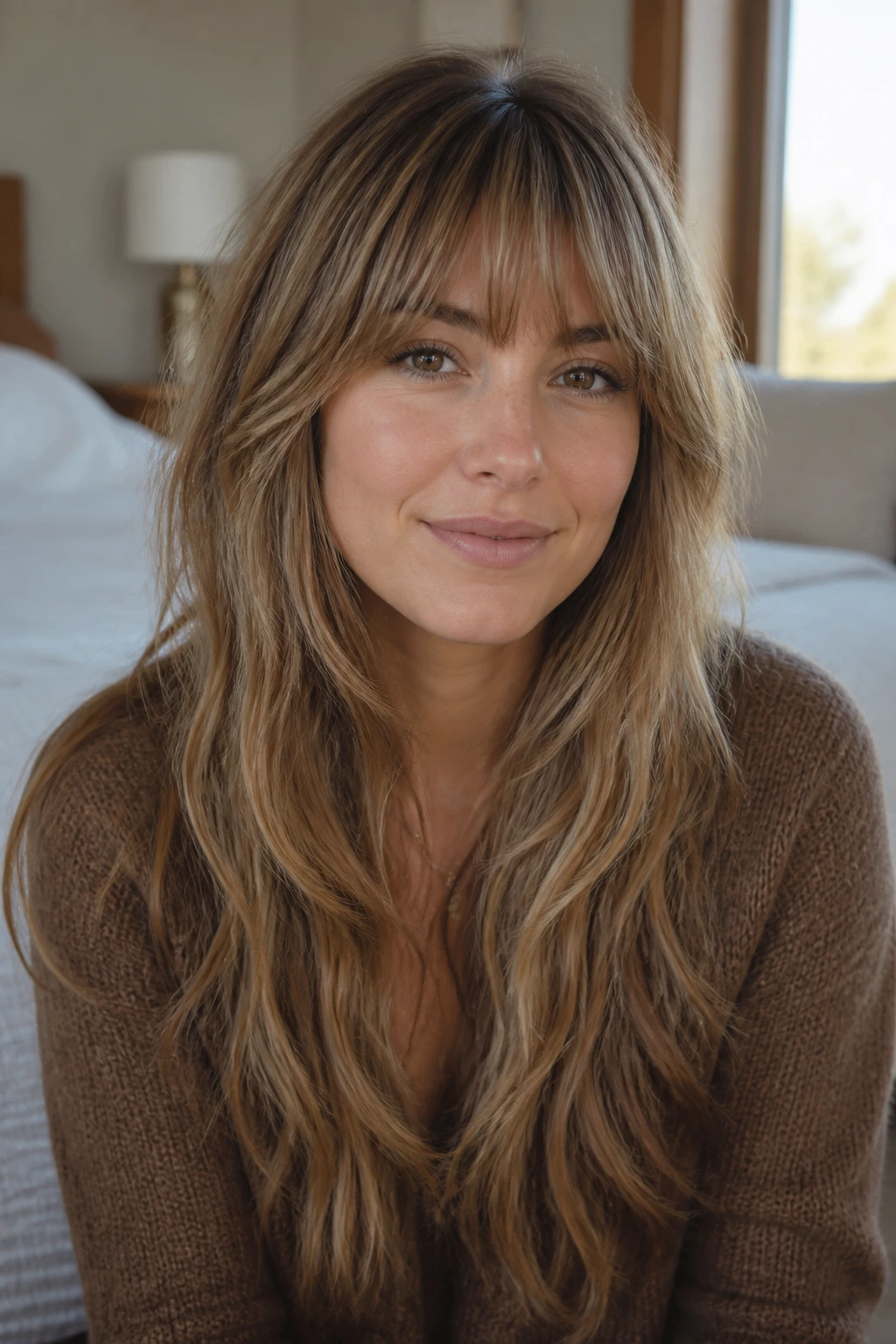 Real person with long soft layered hair and brow-skimming bangs in warm bedroom.